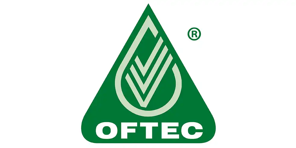 Green triangular OFTEC logo with a stylised flame and tick above the word OFTEC in white, with a registered trade mark symbol.