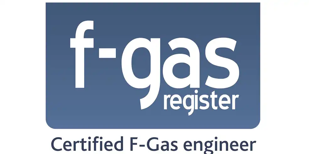Logo with the text “f-gas register” above the words “Certified F-Gas engineer” on a blue background.