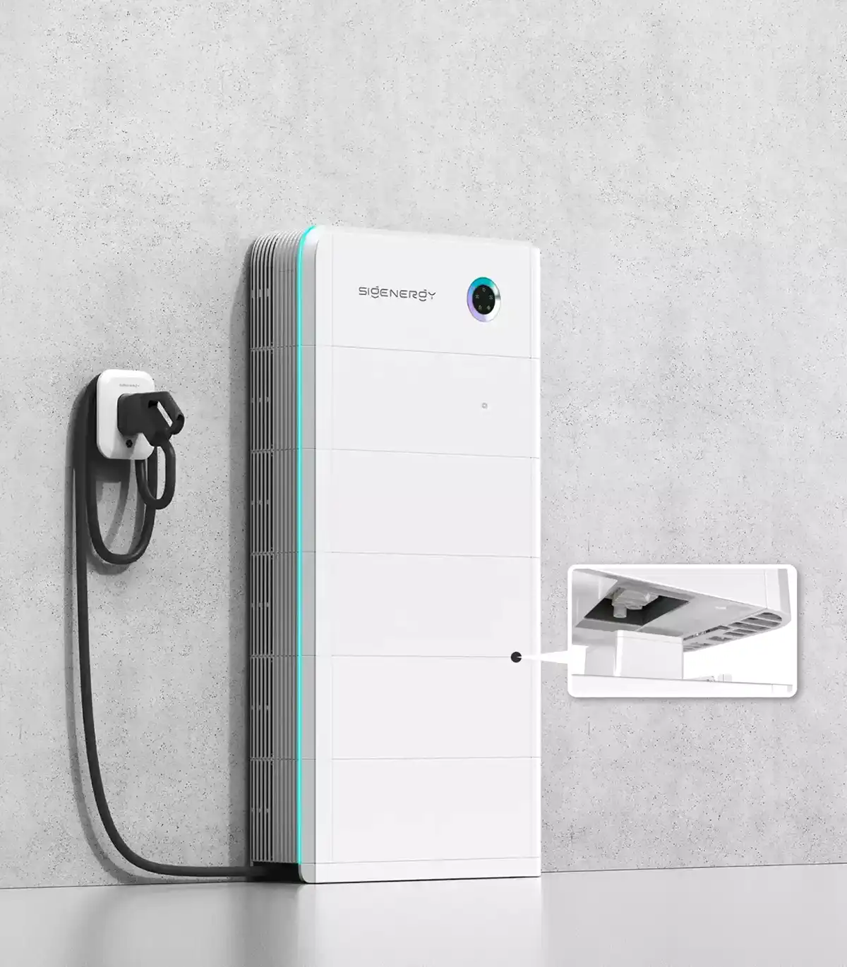 A white wall-mounted electric vehicle charging point with an attached cable and close-up of a charging port.