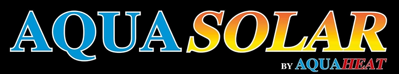 AQUA SOLAR logo with AQUA in blue and SOLAR in orange-yellow gradient; BY AQUA HEAT in small text below.