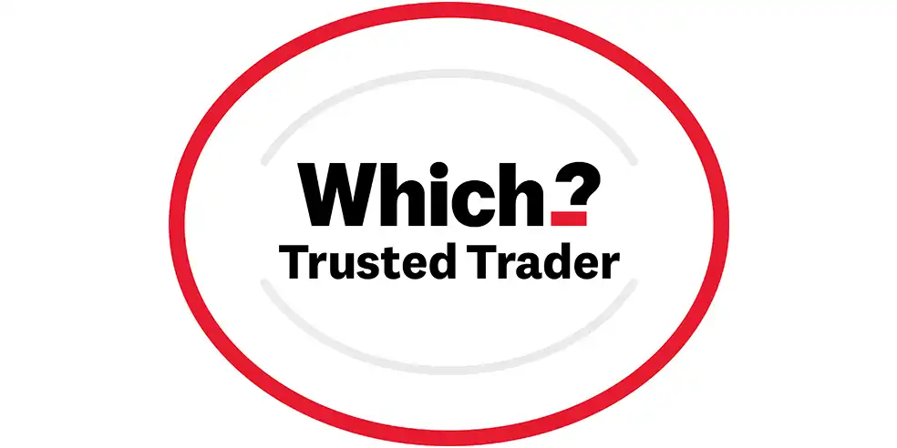 Which? Trusted Trader logo with bold black and red text inside a double red oval outline on a white background.